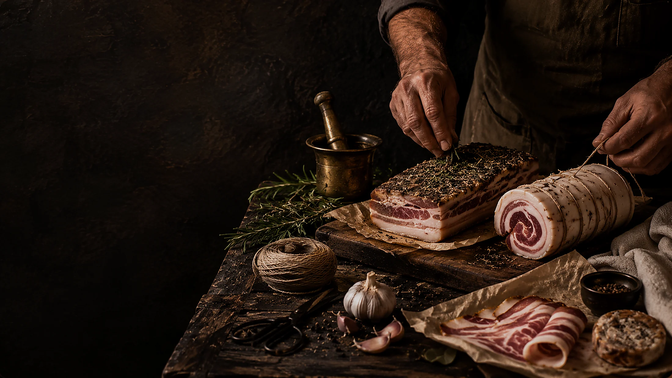 An artisan seasoning and tying cured meats by hand