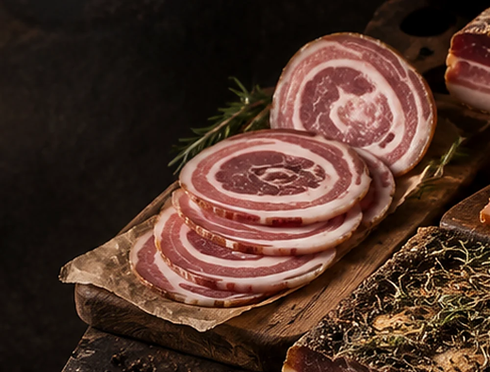 Pancetta Arrotolata arranged on a dark artisan board