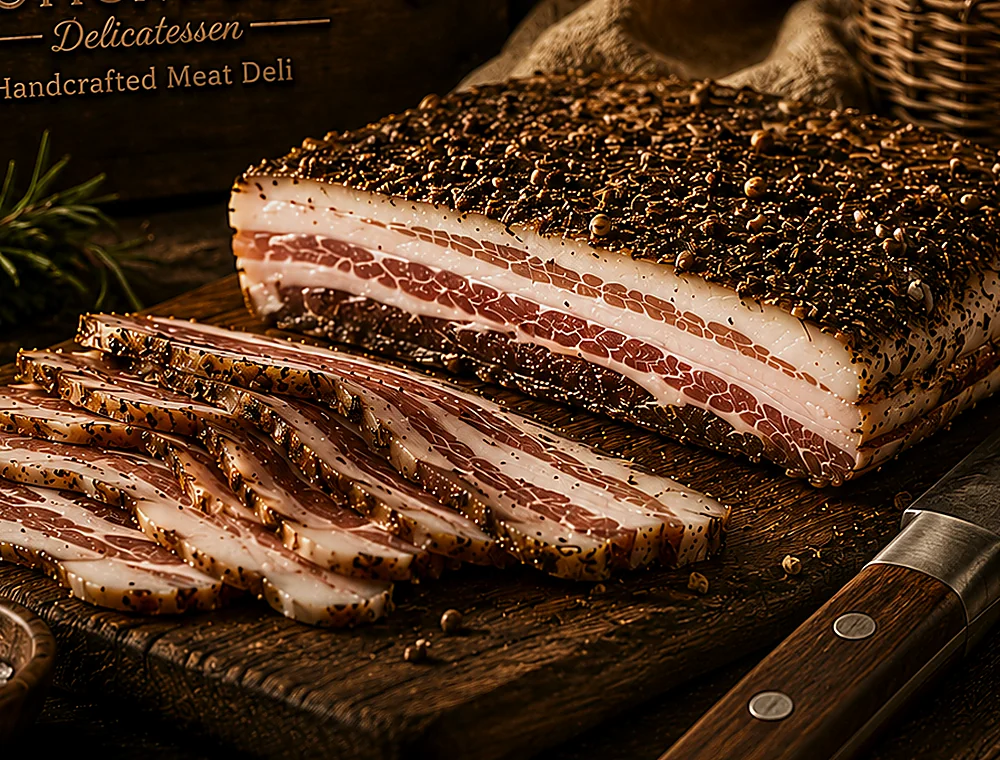 Pancetta Tesa arranged on a dark artisan board