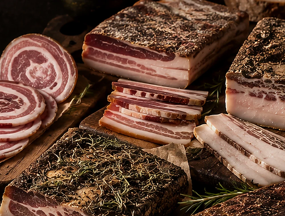 Roman-Style Cured Pork Belly arranged on a dark artisan board