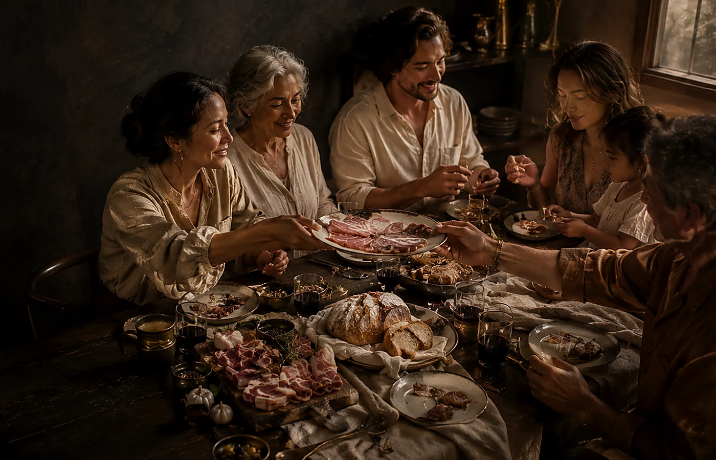 A family preparing and sharing food together